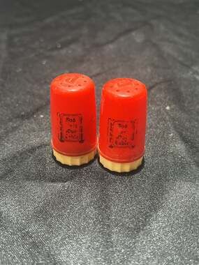 Vintage Mid-Century Modern Plastic Salt & Pepper Shakers, Red 'Rob on Our Table'